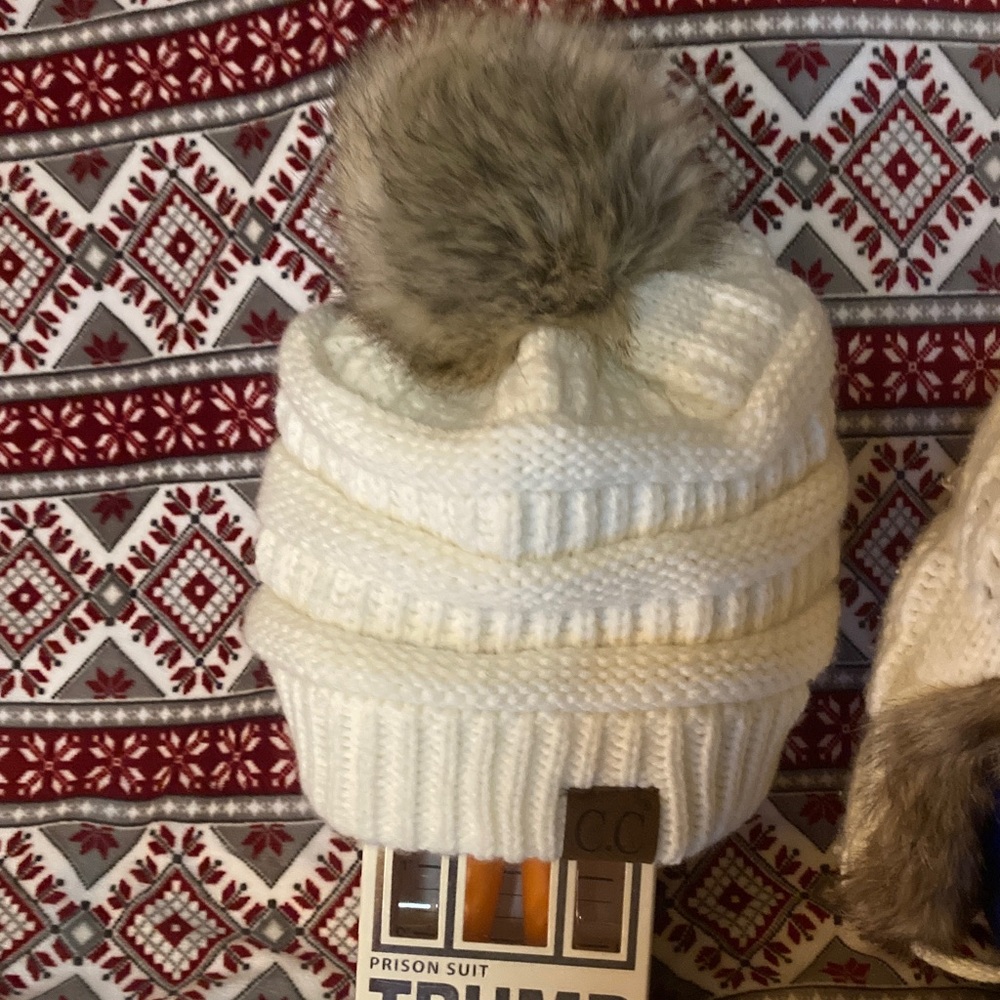 C.C Cream Knit Beanie with Faux Fur Pom